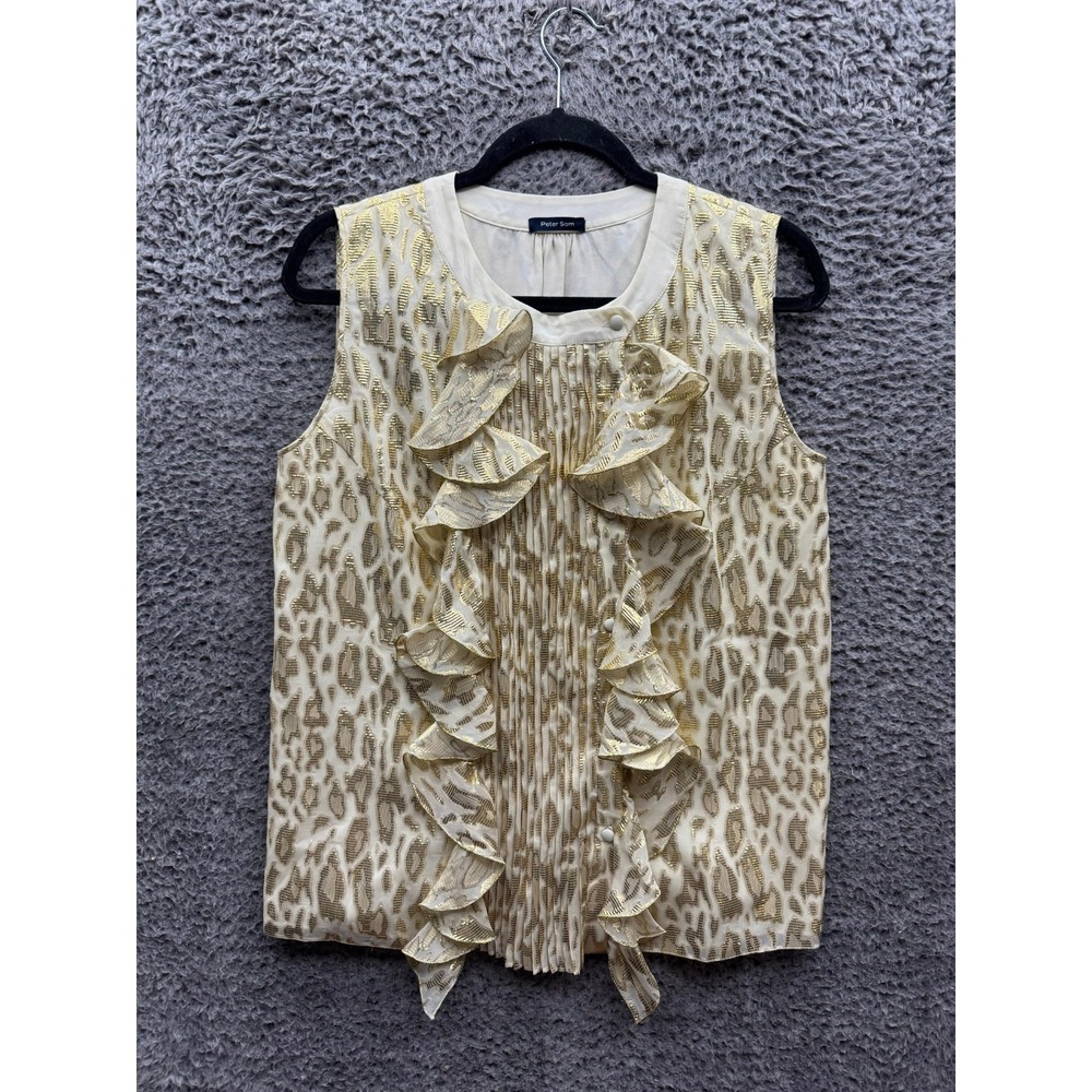 Peter Som Silk Metal Leopart Print Ruffled Sleeveless Blouse Gold Womens Size 8